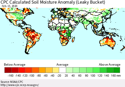 World CPC Soil Moisture Departure from Normal (Leaky Bucket) Thematic Map For 2/11/2020 - 2/15/2020