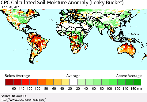 World CPC Soil Moisture Departure from Normal (Leaky Bucket) Thematic Map For 2/16/2020 - 2/20/2020