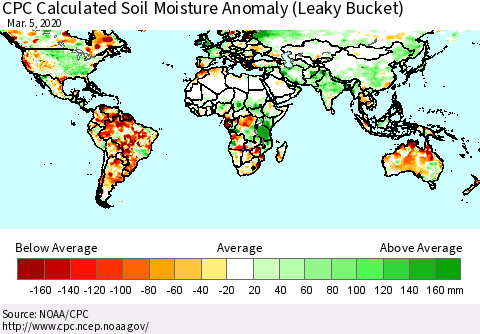 World CPC Soil Moisture Departure from Normal (Leaky Bucket) Thematic Map For 3/1/2020 - 3/5/2020