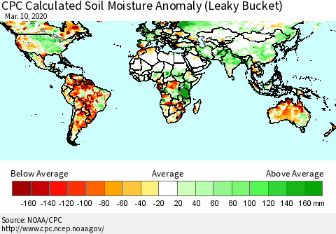 World CPC Soil Moisture Departure from Normal (Leaky Bucket) Thematic Map For 3/6/2020 - 3/10/2020
