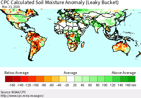World CPC Soil Moisture Departure from Normal (Leaky Bucket) Thematic Map For 3/11/2020 - 3/15/2020