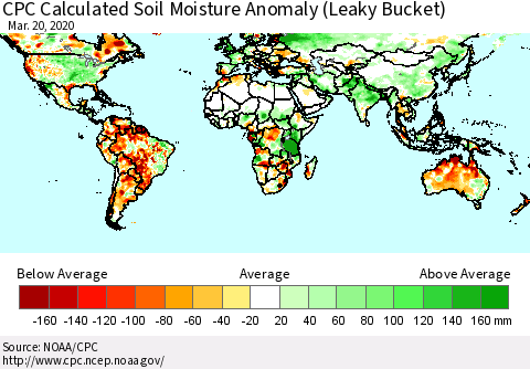 World CPC Soil Moisture Departure from Normal (Leaky Bucket) Thematic Map For 3/16/2020 - 3/20/2020