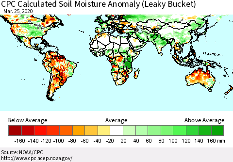 World CPC Soil Moisture Departure from Normal (Leaky Bucket) Thematic Map For 3/21/2020 - 3/25/2020