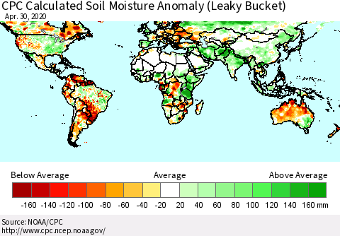 World CPC Soil Moisture Departure from Normal (Leaky Bucket) Thematic Map For 4/26/2020 - 4/30/2020