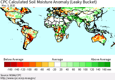World CPC Soil Moisture Departure from Normal (Leaky Bucket) Thematic Map For 5/1/2020 - 5/5/2020