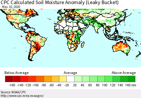 World CPC Soil Moisture Departure from Normal (Leaky Bucket) Thematic Map For 5/6/2020 - 5/10/2020
