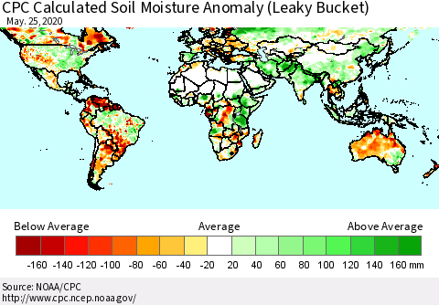 World CPC Soil Moisture Departure from Normal (Leaky Bucket) Thematic Map For 5/21/2020 - 5/25/2020