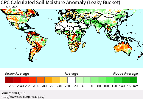World CPC Soil Moisture Departure from Normal (Leaky Bucket) Thematic Map For 6/1/2020 - 6/5/2020
