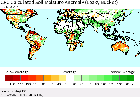 World CPC Soil Moisture Departure from Normal (Leaky Bucket) Thematic Map For 6/6/2020 - 6/10/2020