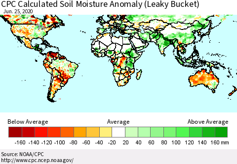 World CPC Soil Moisture Departure from Normal (Leaky Bucket) Thematic Map For 6/21/2020 - 6/25/2020