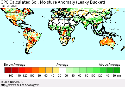 World CPC Soil Moisture Departure from Normal (Leaky Bucket) Thematic Map For 7/16/2020 - 7/20/2020