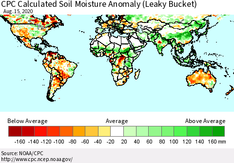 World CPC Soil Moisture Departure from Normal (Leaky Bucket) Thematic Map For 8/11/2020 - 8/15/2020