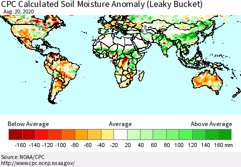 World CPC Soil Moisture Departure from Normal (Leaky Bucket) Thematic Map For 8/16/2020 - 8/20/2020