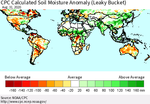 World CPC Soil Moisture Departure from Normal (Leaky Bucket) Thematic Map For 8/26/2020 - 8/31/2020