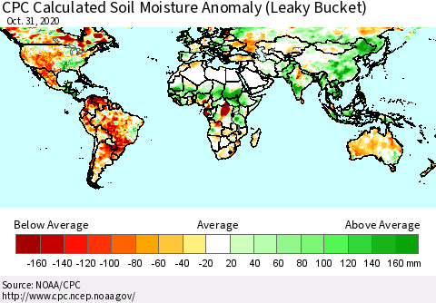 World CPC Soil Moisture Departure from Normal (Leaky Bucket) Thematic Map For 10/26/2020 - 10/31/2020