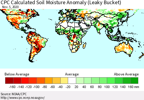 World CPC Soil Moisture Departure from Normal (Leaky Bucket) Thematic Map For 11/1/2020 - 11/5/2020