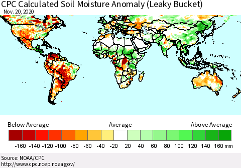 World CPC Soil Moisture Departure from Normal (Leaky Bucket) Thematic Map For 11/16/2020 - 11/20/2020