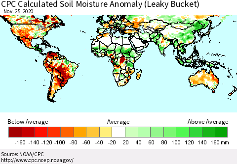 World CPC Soil Moisture Departure from Normal (Leaky Bucket) Thematic Map For 11/21/2020 - 11/25/2020