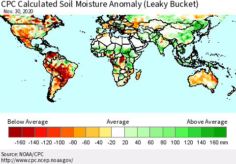 World CPC Soil Moisture Departure from Normal (Leaky Bucket) Thematic Map For 11/26/2020 - 11/30/2020