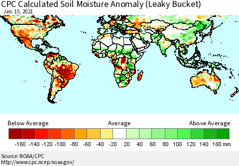 World CPC Soil Moisture Departure from Normal (Leaky Bucket) Thematic Map For 1/11/2021 - 1/15/2021