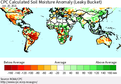World CPC Soil Moisture Departure from Normal (Leaky Bucket) Thematic Map For 1/16/2021 - 1/20/2021
