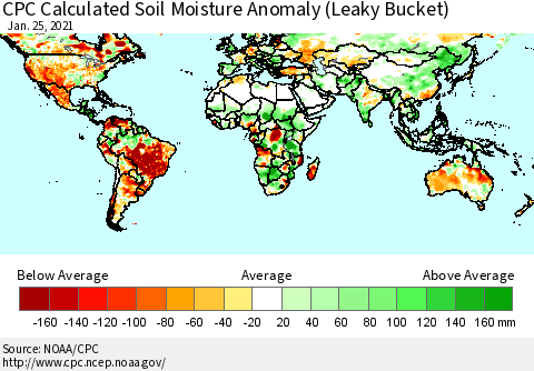 World CPC Soil Moisture Departure from Normal (Leaky Bucket) Thematic Map For 1/21/2021 - 1/25/2021