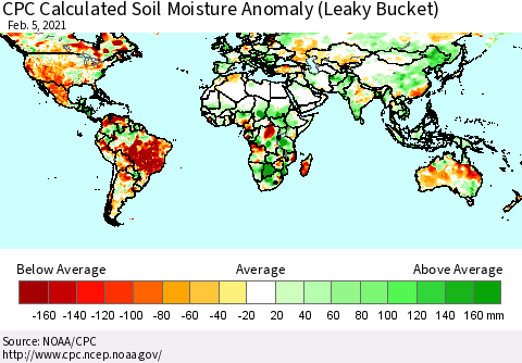 World CPC Soil Moisture Departure from Normal (Leaky Bucket) Thematic Map For 2/1/2021 - 2/5/2021