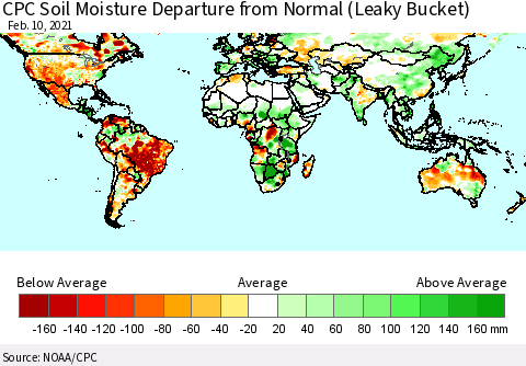 World CPC Soil Moisture Departure from Normal (Leaky Bucket) Thematic Map For 2/6/2021 - 2/10/2021
