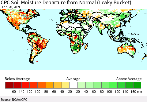 World CPC Soil Moisture Departure from Normal (Leaky Bucket) Thematic Map For 2/16/2021 - 2/20/2021