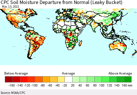 World CPC Soil Moisture Departure from Normal (Leaky Bucket) Thematic Map For 3/11/2021 - 3/15/2021