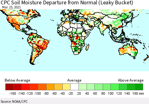 World CPC Soil Moisture Departure from Normal (Leaky Bucket) Thematic Map For 3/21/2021 - 3/25/2021