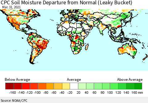 World CPC Soil Moisture Departure from Normal (Leaky Bucket) Thematic Map For 3/26/2021 - 3/31/2021