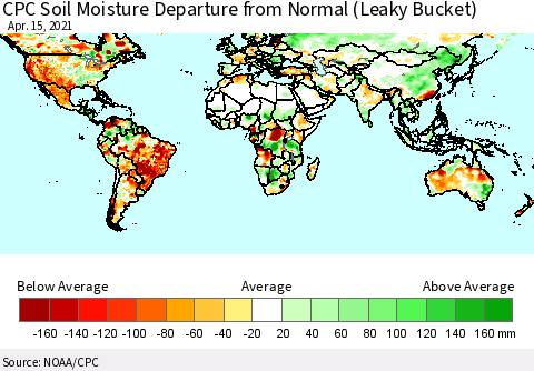 World CPC Soil Moisture Departure from Normal (Leaky Bucket) Thematic Map For 4/11/2021 - 4/15/2021