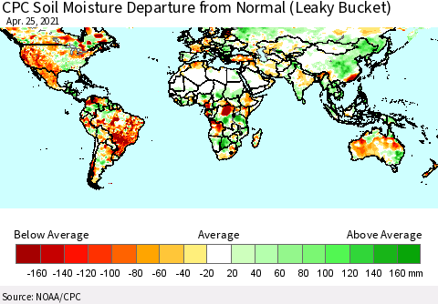 World CPC Soil Moisture Departure from Normal (Leaky Bucket) Thematic Map For 4/21/2021 - 4/25/2021