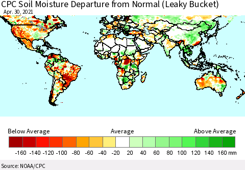World CPC Soil Moisture Departure from Normal (Leaky Bucket) Thematic Map For 4/26/2021 - 4/30/2021