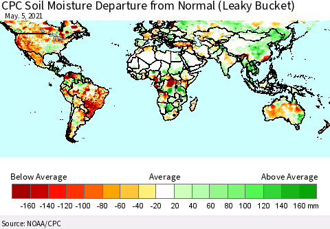 World CPC Soil Moisture Departure from Normal (Leaky Bucket) Thematic Map For 5/1/2021 - 5/5/2021