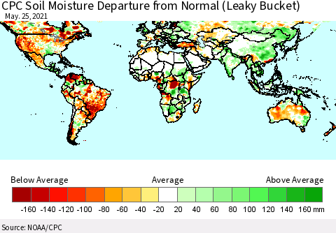 World CPC Soil Moisture Departure from Normal (Leaky Bucket) Thematic Map For 5/21/2021 - 5/25/2021