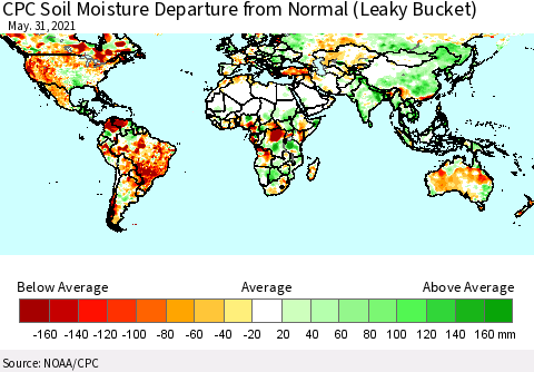 World CPC Soil Moisture Departure from Normal (Leaky Bucket) Thematic Map For 5/26/2021 - 5/31/2021