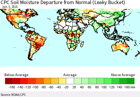World CPC Soil Moisture Departure from Normal (Leaky Bucket) Thematic Map For 6/1/2021 - 6/5/2021