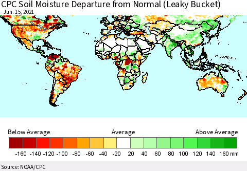 World CPC Soil Moisture Departure from Normal (Leaky Bucket) Thematic Map For 6/11/2021 - 6/15/2021