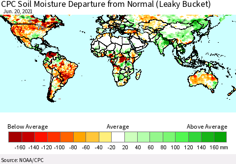 World CPC Soil Moisture Departure from Normal (Leaky Bucket) Thematic Map For 6/16/2021 - 6/20/2021