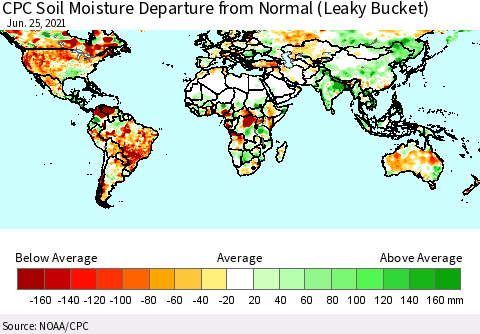 World CPC Soil Moisture Departure from Normal (Leaky Bucket) Thematic Map For 6/21/2021 - 6/25/2021