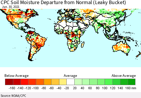 World CPC Soil Moisture Departure from Normal (Leaky Bucket) Thematic Map For 6/26/2021 - 6/30/2021