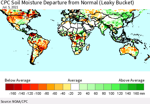 World CPC Soil Moisture Departure from Normal (Leaky Bucket) Thematic Map For 7/1/2021 - 7/5/2021