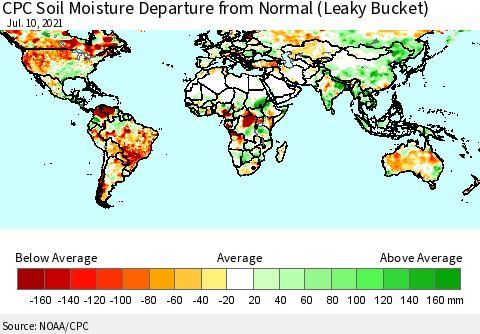 World CPC Soil Moisture Departure from Normal (Leaky Bucket) Thematic Map For 7/6/2021 - 7/10/2021