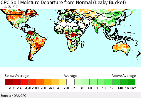World CPC Soil Moisture Departure from Normal (Leaky Bucket) Thematic Map For 7/21/2021 - 7/25/2021