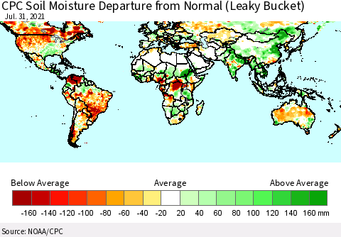 World CPC Soil Moisture Departure from Normal (Leaky Bucket) Thematic Map For 7/26/2021 - 7/31/2021