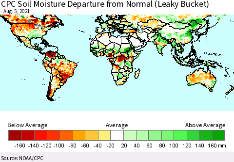 World CPC Soil Moisture Departure from Normal (Leaky Bucket) Thematic Map For 8/1/2021 - 8/5/2021