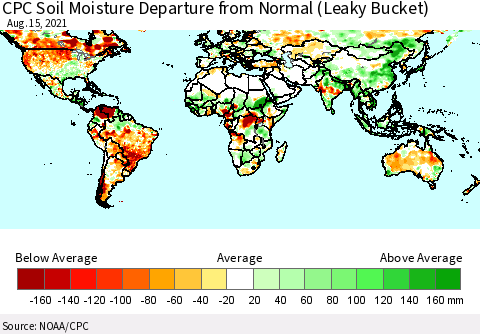 World CPC Soil Moisture Departure from Normal (Leaky Bucket) Thematic Map For 8/11/2021 - 8/15/2021