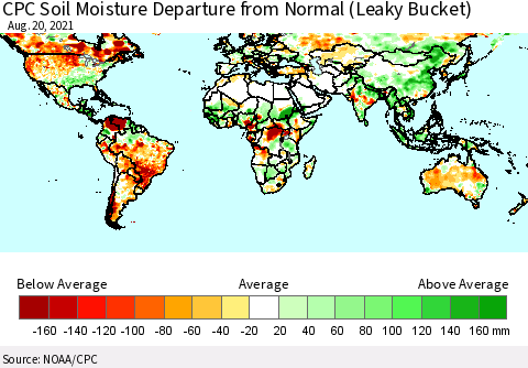 World CPC Soil Moisture Departure from Normal (Leaky Bucket) Thematic Map For 8/16/2021 - 8/20/2021